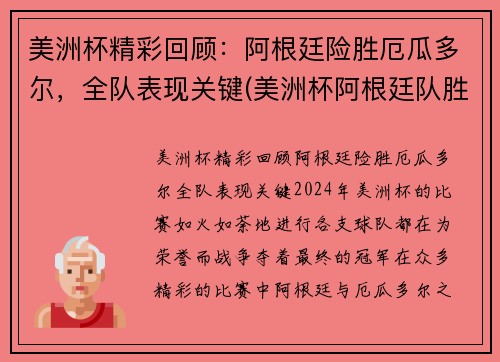 美洲杯精彩回顾:阿根廷险胜厄瓜多尔,全队表现关键(美洲杯阿根廷队胜出集锦)